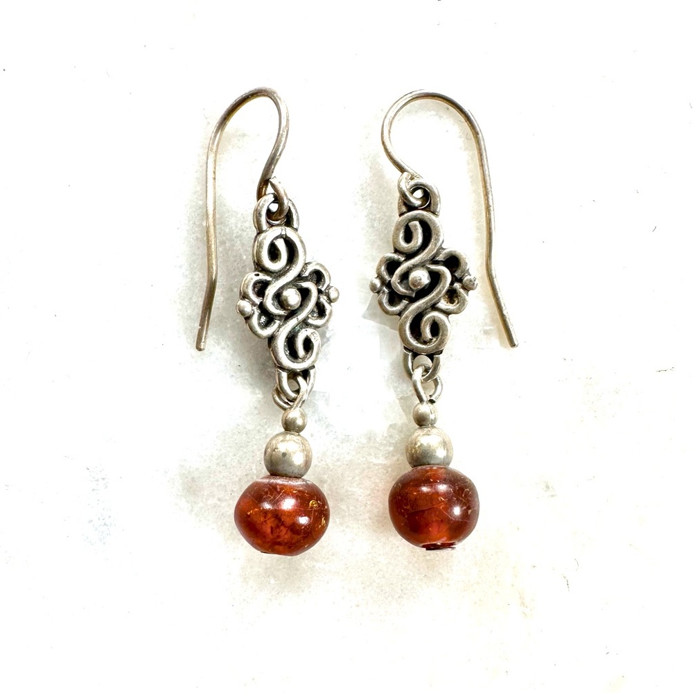 Silver amber colored bead dangle earrings with maker’s stamp.